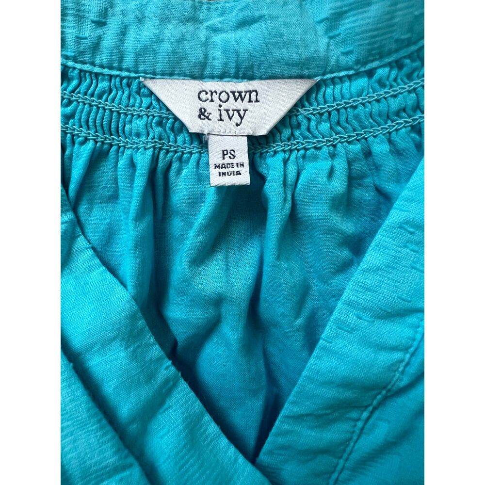 Crown & Ivy Pleated Ruffle Aqua 100% Cotton Short Sleeve Mini Dress Petite Small - Picture 7 of 9